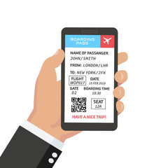 	 Boarding pass in mobile phone. Hand holding smart phone with airline ticket online booking on screen. Vector Illustration