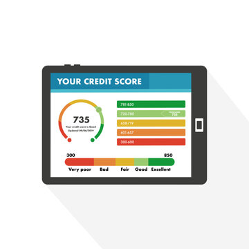 Credit score online report document on tablet, flat cartoon digital good history ranking loan record