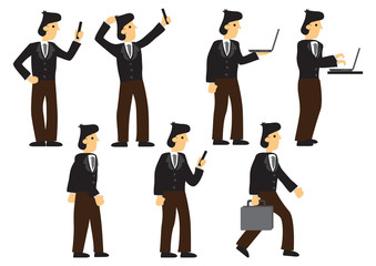 A set of business man with different pose with his computer and mobile phone. Isolated vector illustration.