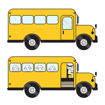 Vector schoolbus with children and empty. Closed and opened door with driver