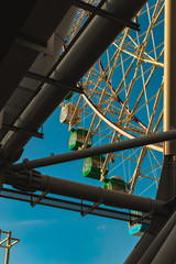 Close-up structure of a ferris wheel against clear blue sky in Osaka, Japan