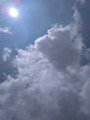 Dark clouds floating in blue sky hiding the sun