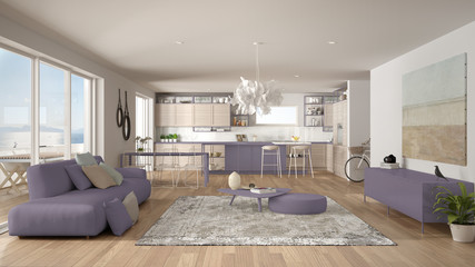 Penthouse living room and kitchen interior design, lounge with sofa and carpet, dining table, island with stools, parquet. Modern minimalist white and violet architecture concept idea
