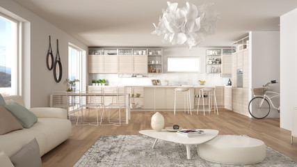 Penthouse living room and kitchen interior design, lounge with sofa and carpet, dining table, island with stools, parquet. Modern minimalist white architecture concept idea