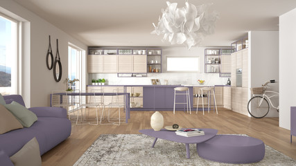 Penthouse living room and kitchen interior design, lounge with sofa and carpet, dining table, island with stools, parquet. Modern minimalist white and violet architecture concept idea