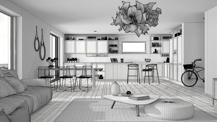 Unfinished project of penthouse living room and kitchen interior design, lounge with sofa and carpet, dining table, island with stools, parquet, modern architecture concept idea