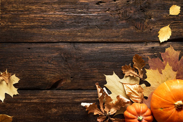 Autumnal composition: pumpkins and leaves
