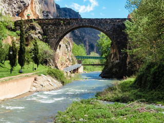 Fototapeta na wymiar Paisaje primaveral con un puente un río y montañas