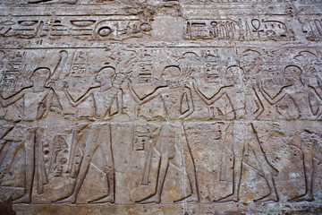 Hieroglyphs on temple wall, Luxor Temple, located at modern day Luxor or ancient Thebes, Egypt
