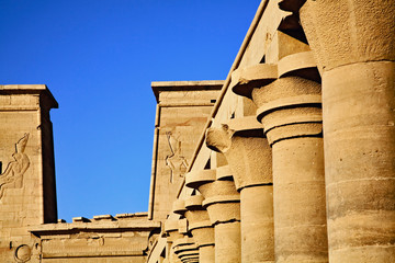 Columns and pylons, Temple of Philae, on Agilika, an island in the Nile River, near Aswan, Egypt.