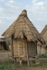 Fototapeta na wymiar Ethiopia: Lower Omo River Basin, Karo village of Duss, thatched home on stilts for chickens