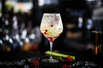 tonic gin cocktail with fresh rhubarb & red berries