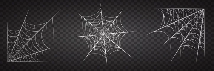 Deurstickers Spiderweb set, isolated on black transparent background. Cobweb for halloween, spooky, scary, horror decor with spiders. © Igor
