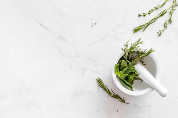Store up medicinal herbs on white marble background top view space for text