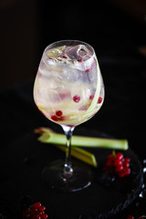 tonic gin cocktail with fresh rhubarb & red berries
