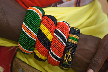 Kenya, Samburu National Reserve. Close-up of colorful beaded arm bracelets on Samburu man. Credit as: Dennis Kirkland / Jaynes Gallery / DanitaDelimont.com