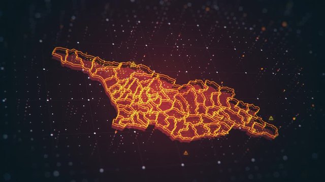 The futuristic high-tech video with a map of the Georgia glowing in different colors while danger icon signs flash all over the country.
