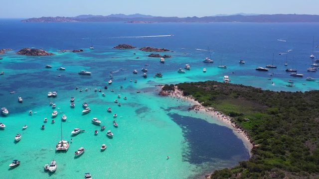 Drone aerial view of Santa Maria and Budelli islands in Maddalena Archipelago, Sardinia, Italy.