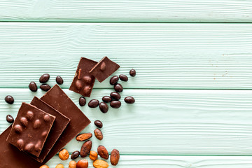 Chocolate bars and nuts on mint green wooden table background top view mockup