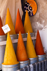 Morocco, Essaouira. Cones of Saffron spices in the medina of Essaouira market.
