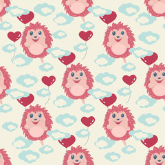 seamless pattern with hedgehogs flying on balloons