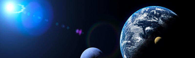 Concept of large blue planet with two satellite moons orbiting and a distant blue star panoramic