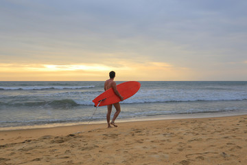 Rear view of surfer with surfboard