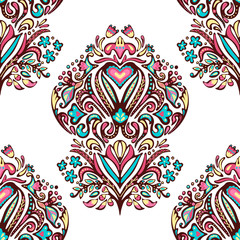 Vintage seamless damask pattern. Colorful Tile doodle Hand drawn floral background.