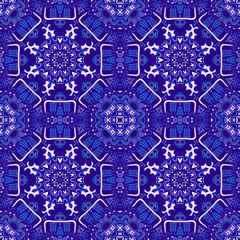 Gorgeous seamless patchwork pattern from blue and white oriental tiles, ornaments