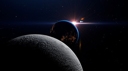 Luna eclipse in space concept showing the moon, planet Earth and the bright sun - obrazy, fototapety, plakaty