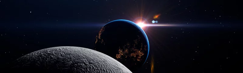 Foto op Canvas Luna-eclips in ruimteconcept met de maan, de planeet Aarde en de felle zon, panoramisch © Studio-FI