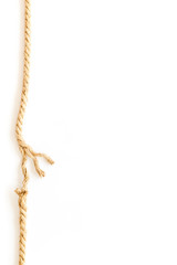 Tearing the rope under stress on white background top view copyspace