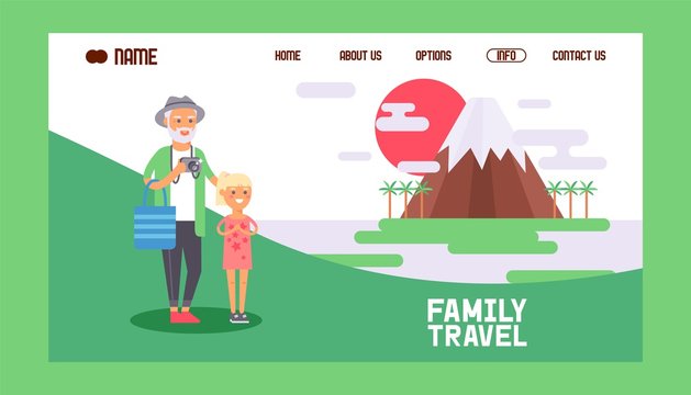 Family travel banner web design vector illustration. Grandfather walking with grandgaughter taking photos of famous seightseeing. Mountain or volcano surrounded by palm tress. Family.