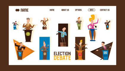 Election debate banner vector illustration. Male and female politicians taking part in political debates in front of audience. Pair of government workers talking or having political dispute.