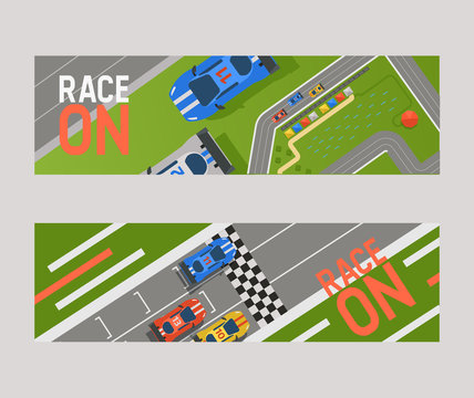 Racing track curve road, car sport track banner vector illustration. Transportation roadway design elements top view constructor for vehicle. Race competition facilities.