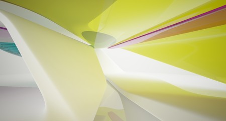 Abstract smooth architectural white and glass gradient color interior of a minimalist house with large windows. 3D illustration and rendering.