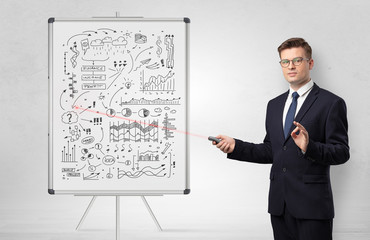 Professor with laser pointer teaching business theories