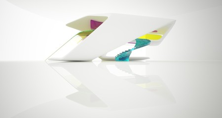 Abstract smooth architectural white and glass gradient color interior of a minimalist house with large windows. 3D illustration and rendering.