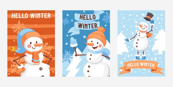 Hello winter set of posters, greeting cards vector illustration. Happy New Year. Nature landscape with Christmas tree, snowman in hat and mittens. Winter holidays and weekends.