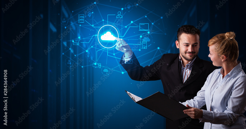 Poster Man and woman touching hologram projection displaying cloud system