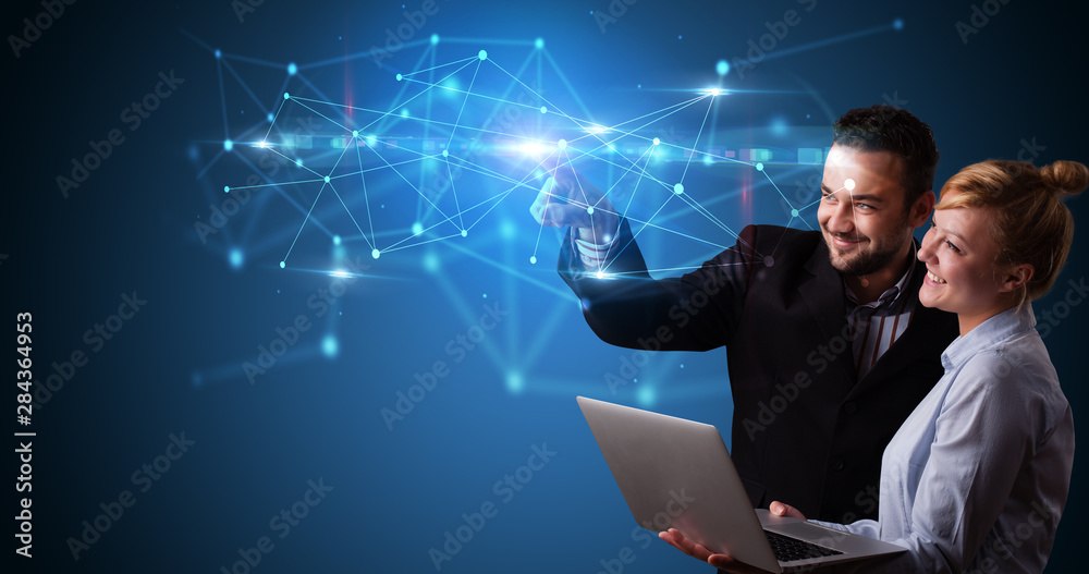 Poster man and woman touching hologram screen displaying modern web system