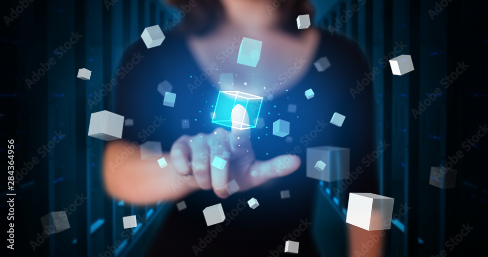 Poster woman touching hologram screen displaying cube symbols