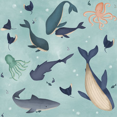 Illustrierte Walhaie, Tintenfische und andere Meeresbewohner nahtlose Wiederholungsmusterfliese