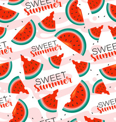 Sweet summer and ripe watermelons. Seamless pattern with slices of juicy watermelons. Background image for a thematic site, textile, shop, packaging design.
