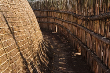 Traditional dome houses made of straw and reed with fence, Mantenga Cultural Village, Swaziland