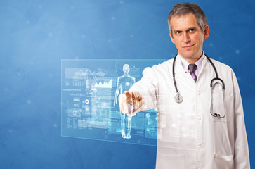 Doctor touching blue screen with full body analyze concept