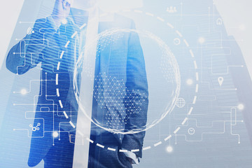 Man on phone in city, global connection