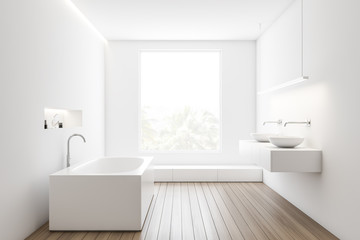 White loft bathroom interior with angular tub
