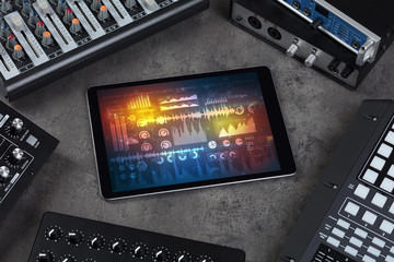 Electronic music instruments, microphone, piano, consoles and tablet with reports concept