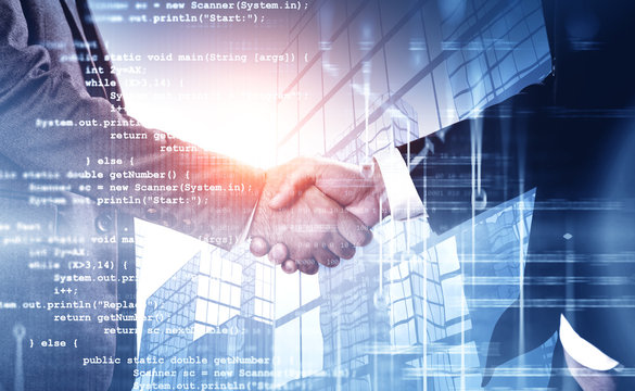 Two people shaking hands, lines of code - Powered by Adobe